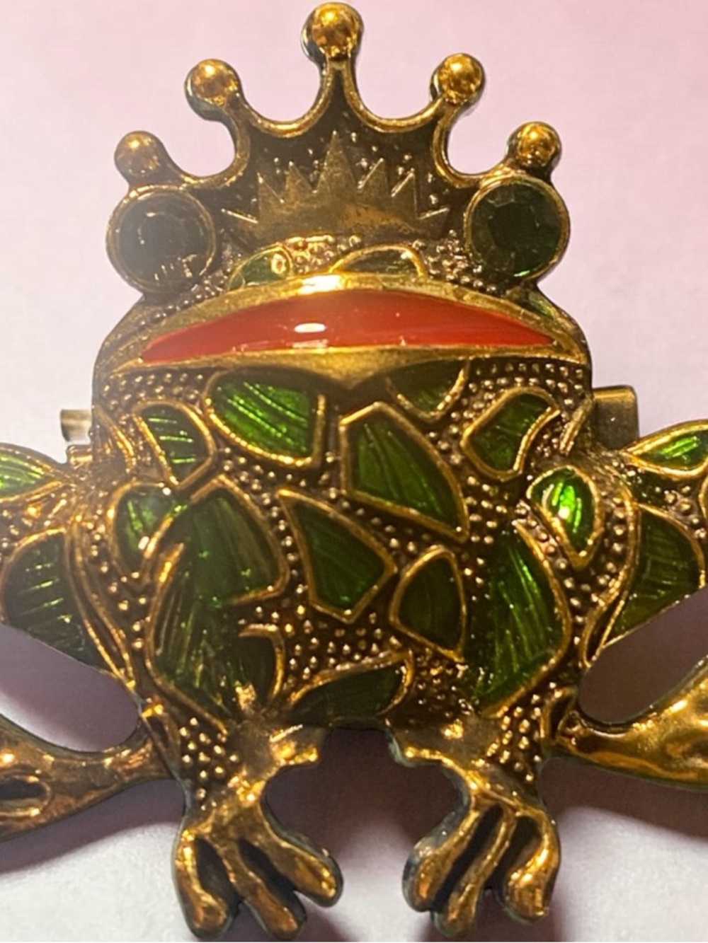 Gold Tone Frog Brooch with Green Enamel Accents